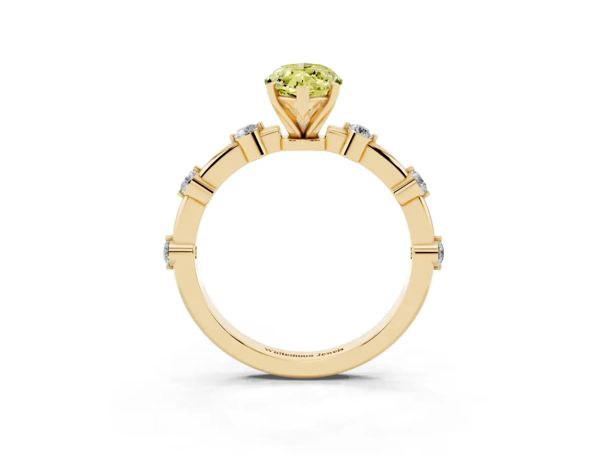 Fancy Yellow Marquise Cut Solitaire Diamond Ring with Bezel Set Side Stones and Prong Setting Yellow gold
