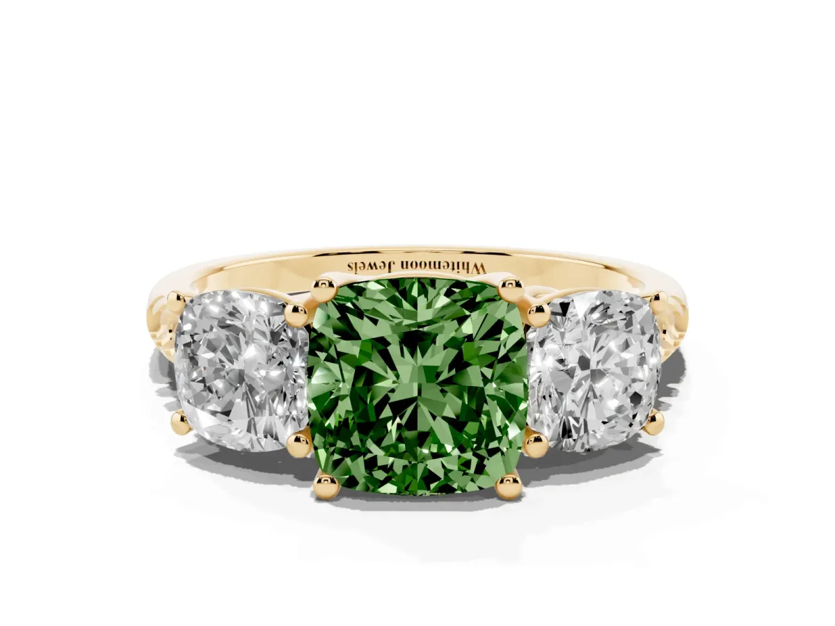 Fancy Green Three-Stone Cushion Cut Diamond Ring with Round Pavé Band and Prong Setting Yellow gold