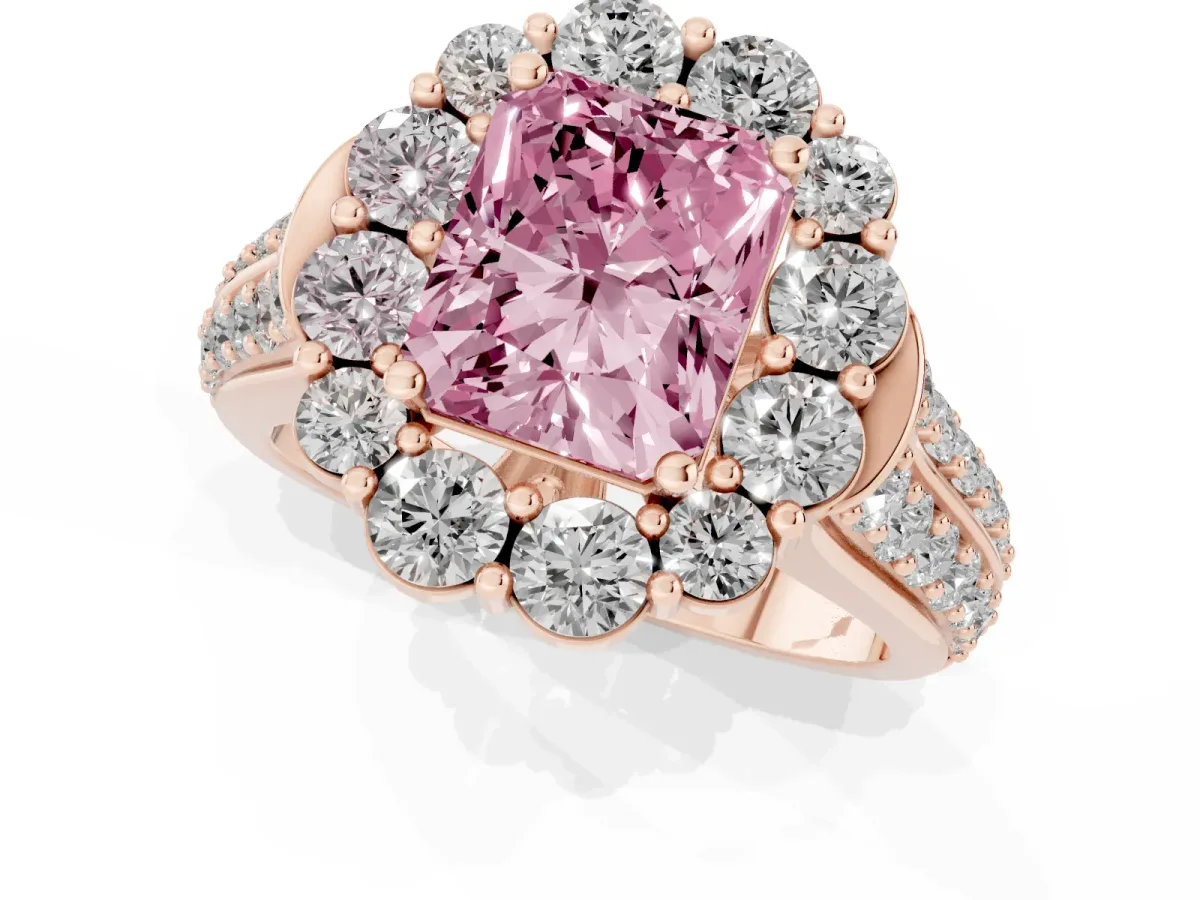 Fancy Pink Radiant Cut Halo Diamond Engagement Ring with Split Shank and Prong Setting Rose gold