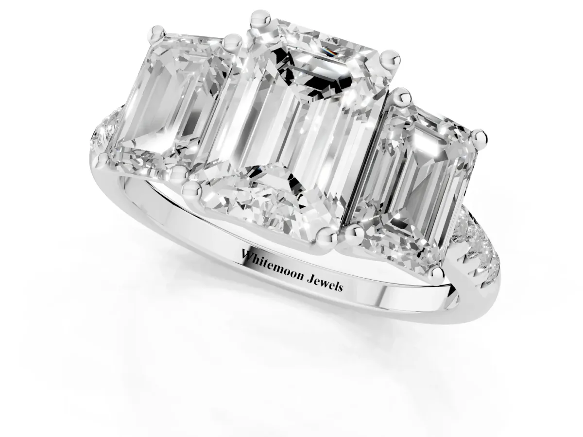 Three-Stone Emerald Cut Diamond Ring with Round Pavé Band and Prong Setting Silver