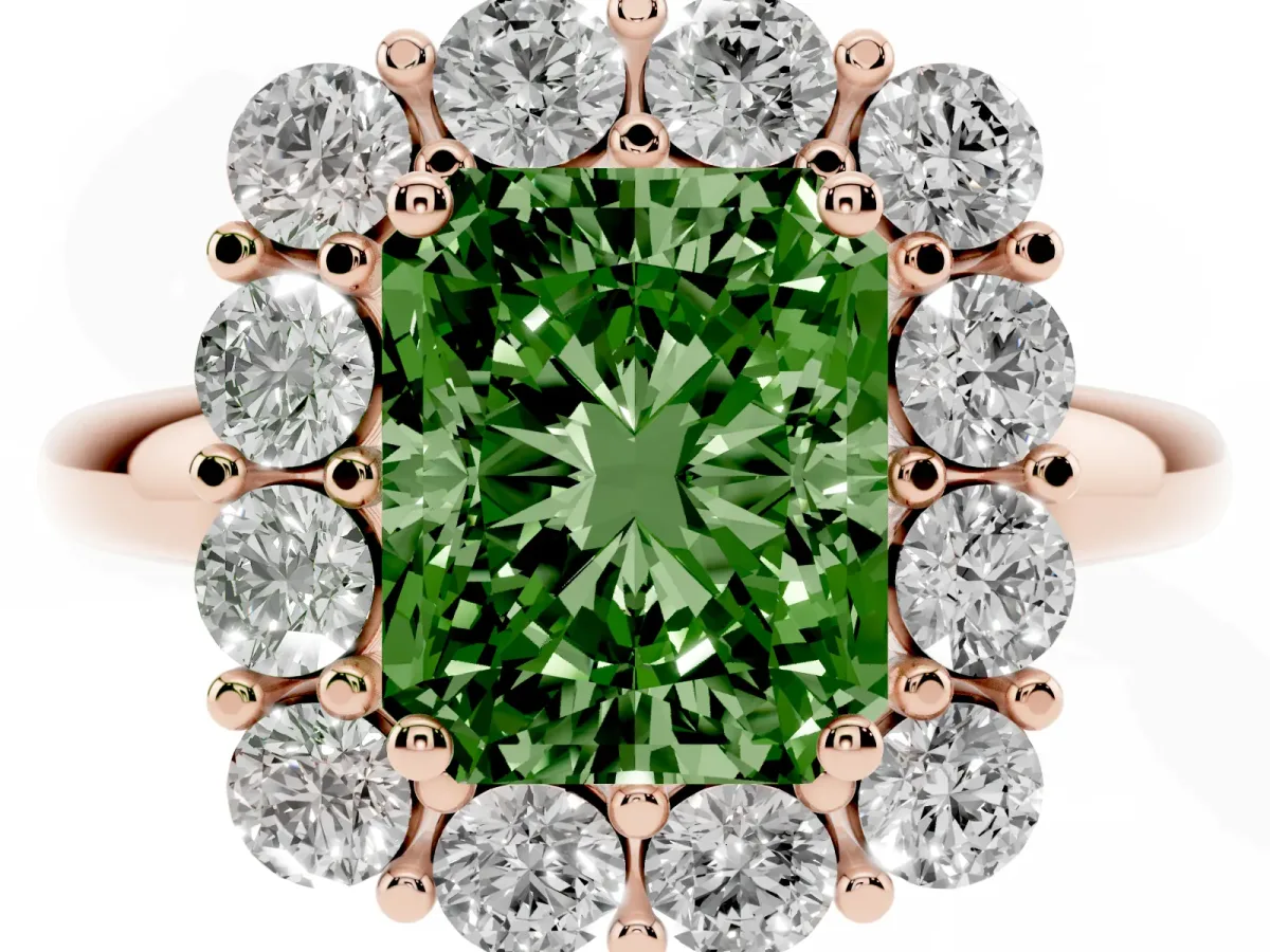 Fancy Green Radiant Cut Halo Cluster Diamond Engagement Ring with Prong Setting and Polished Band Rose gold