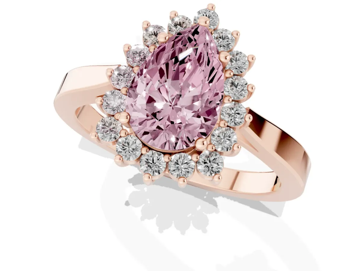 Fancy Pink Pear Cut Cut Diamond Halo Ring with Round Brilliant Halo and Solitaire Band Rose gold