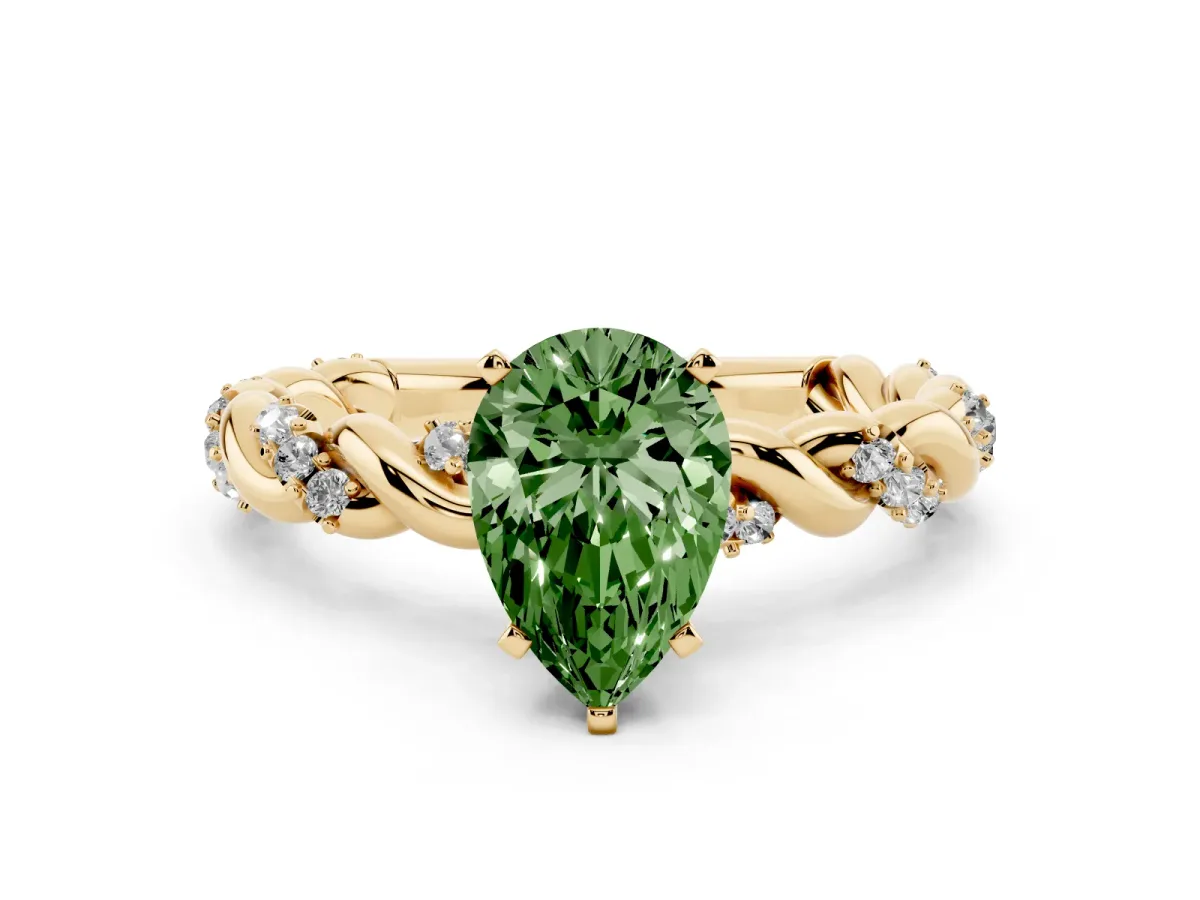 Fancy Green Pear Cut Diamond Solitaire Ring with Twisted Band and Pavé Accents Yellow gold