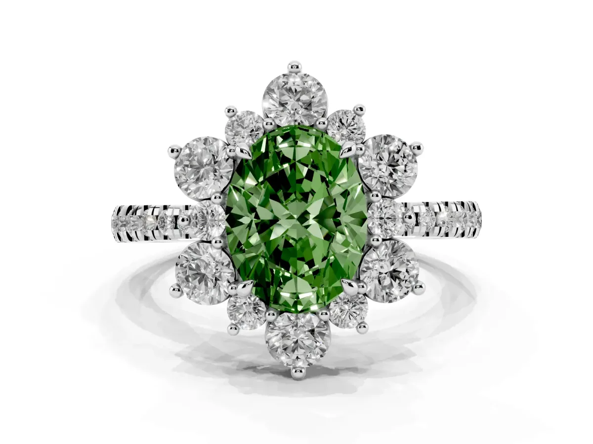 Fancy Green Oval Cut Diamond Floral Halo Ring with Round Pavé Band and Prong Setting White gold