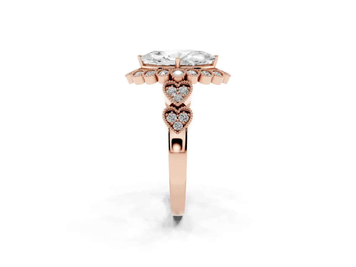 Marquise Cut Brilliant Milgrain Pave Heart Band Solitaire Ring Rose gold