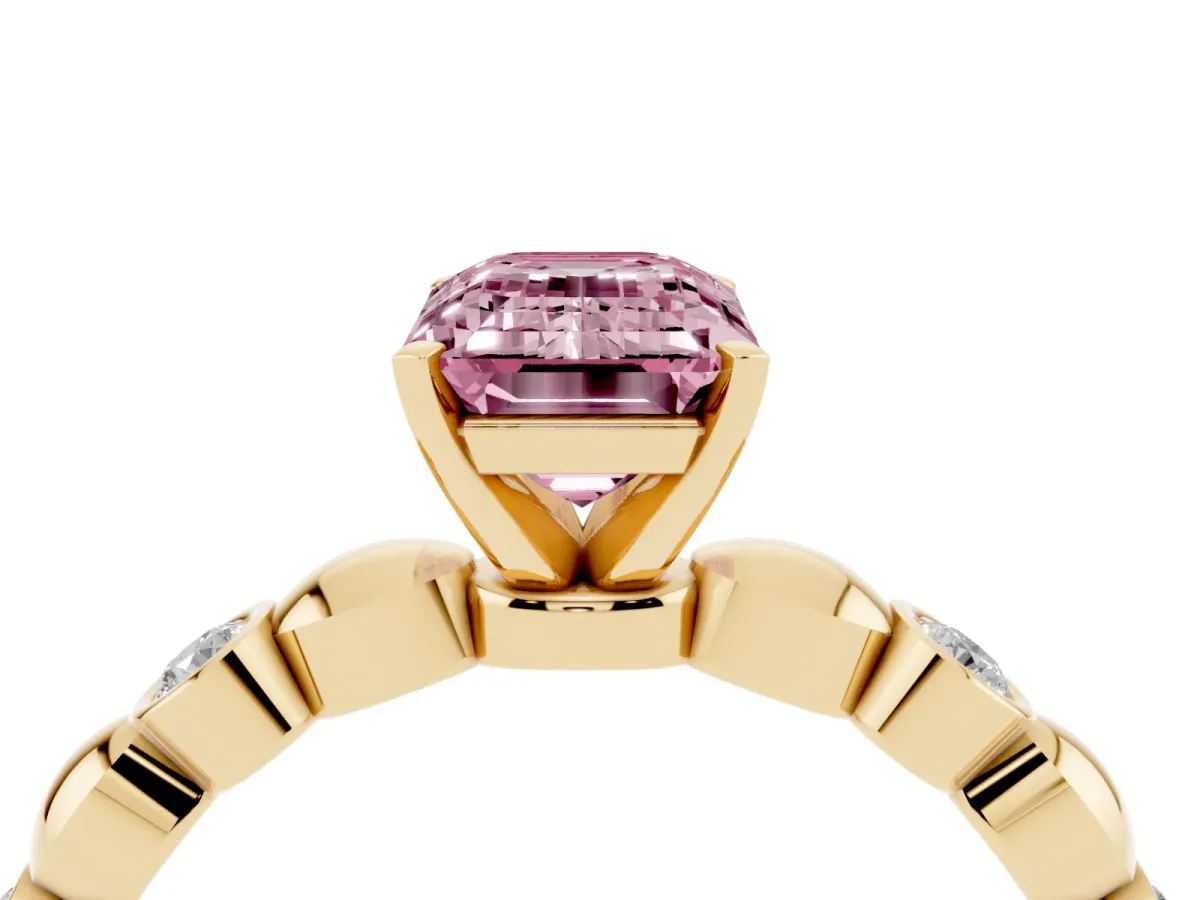 Fancy Pink Emerald Cut Solitaire Bezel-Set Diamond Ring with Beaded Band and Four-Prong Setting Yellow gold