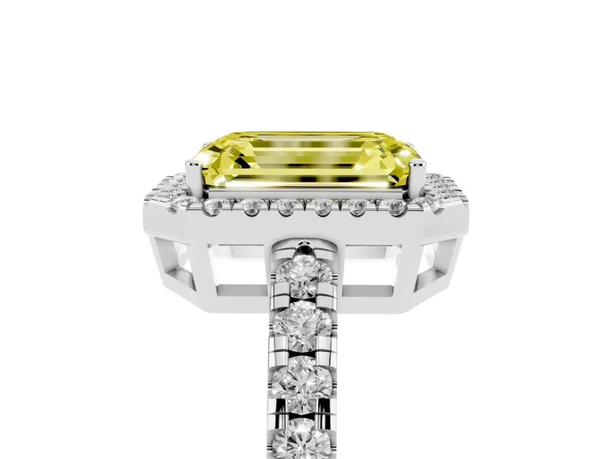 Fancy Yellow Emerald Cut Diamond Halo Ring with Pavé Band and Four-Prong Setting Platinum