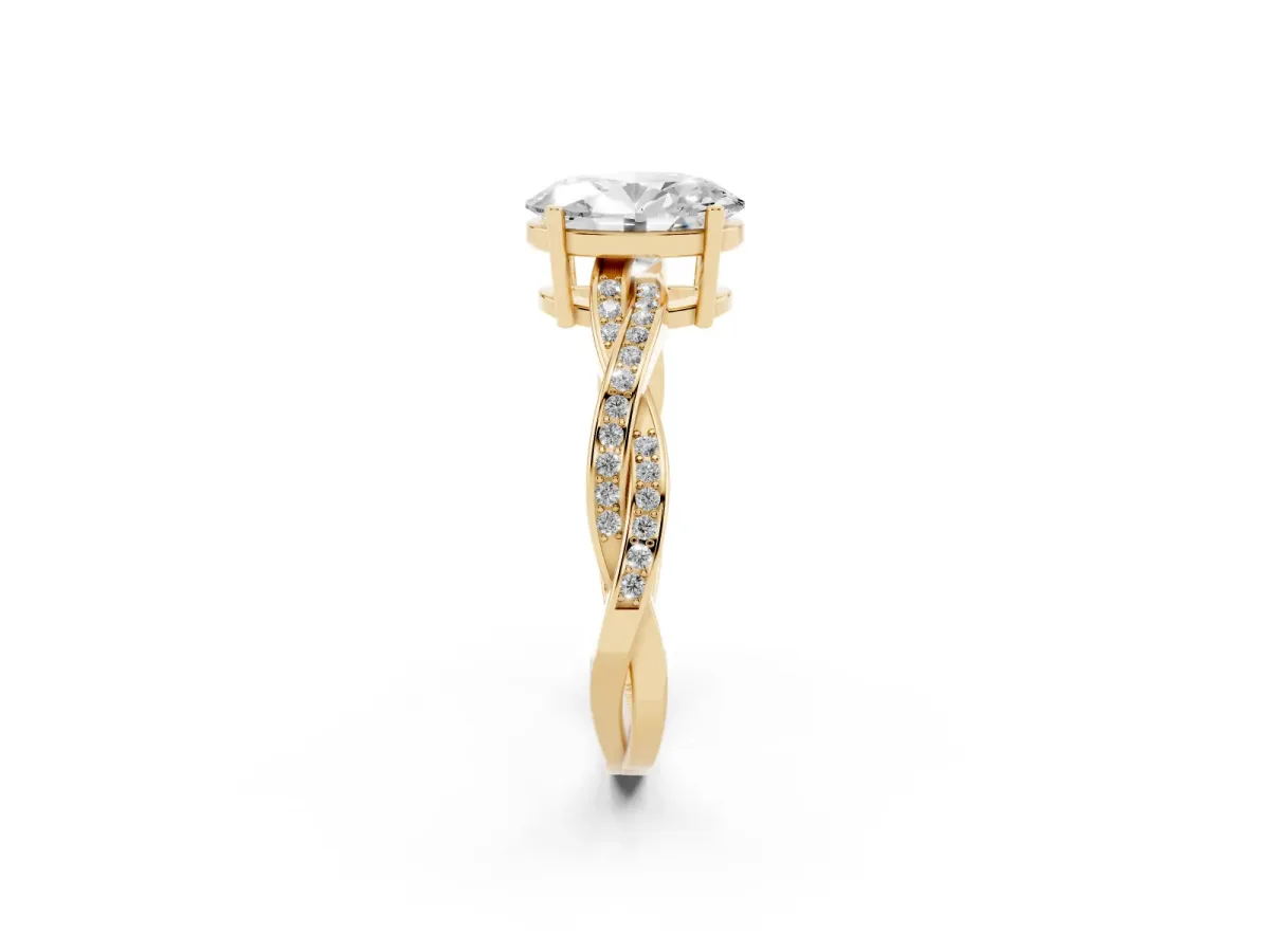 Oval Cut Solitaire Twisted Pave Diamond Ring with Four-Prong Setting Yellow gold