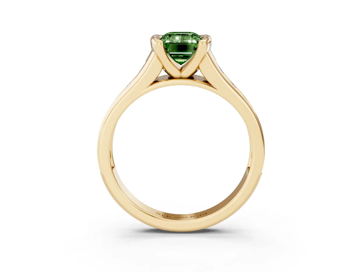 Fancy Green Emerald Cut Solitaire Bezel-Set Diamond Ring with Channel-Set Band Yellow gold