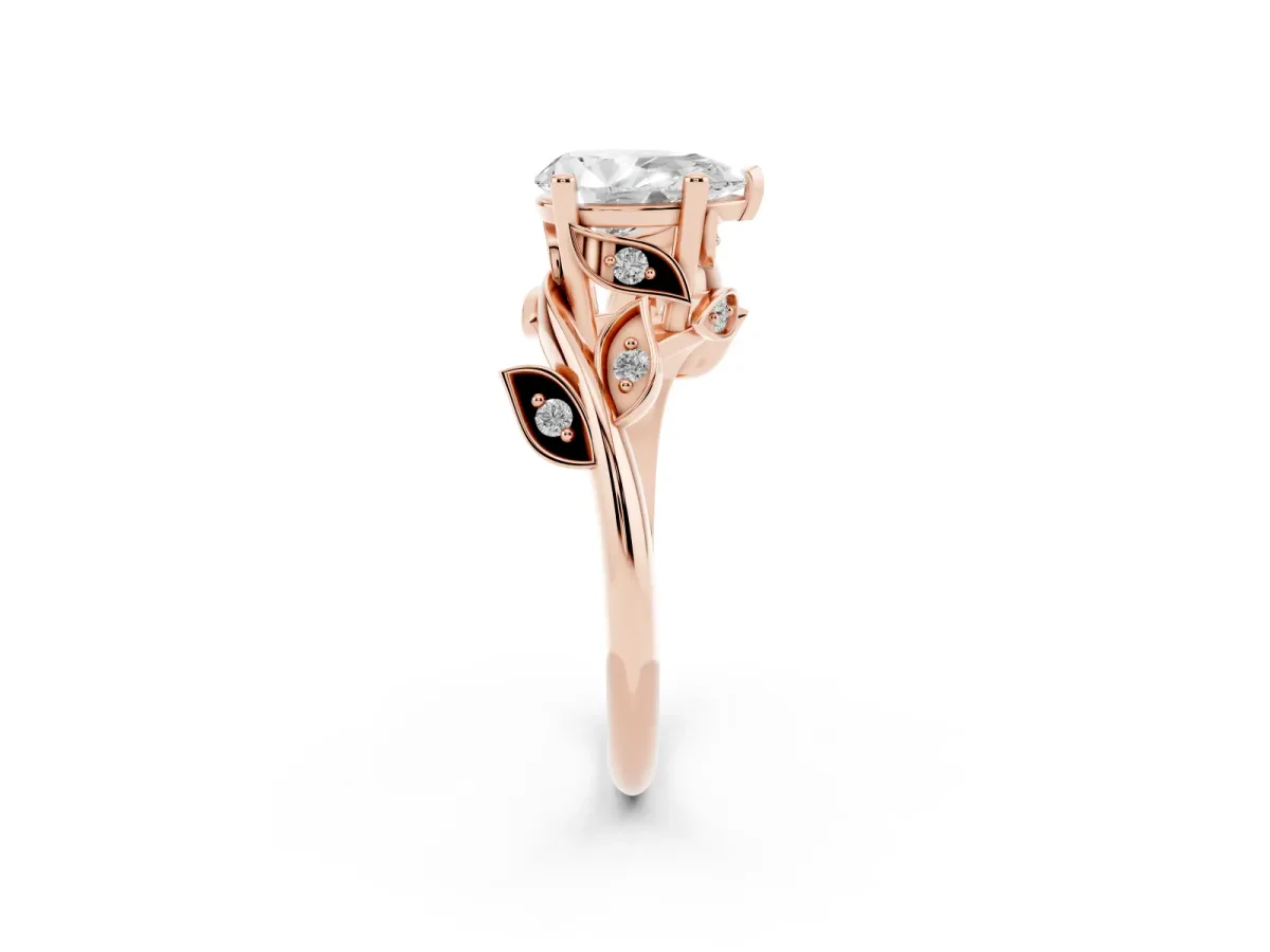 Pear Cut Solitaire Twist Engagement Ring with Leaf Accents and Prong Setting Rose gold