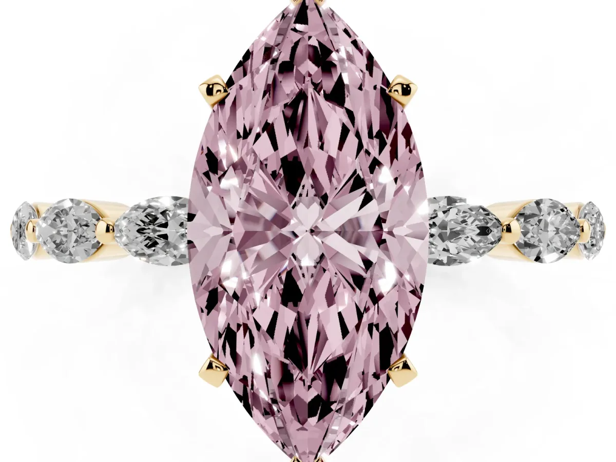Fancy Pink Marquise Cut Diamond Ring with Marquise Side Stones and Prong Setting Yellow gold