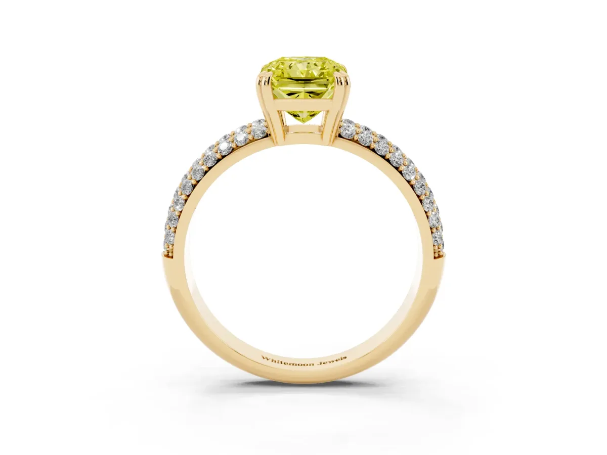 Fancy Yellow Radiant Cut Diamond Solitaire Ring with Multi-Row Round Pavé Band and Prong Setting Yellow gold