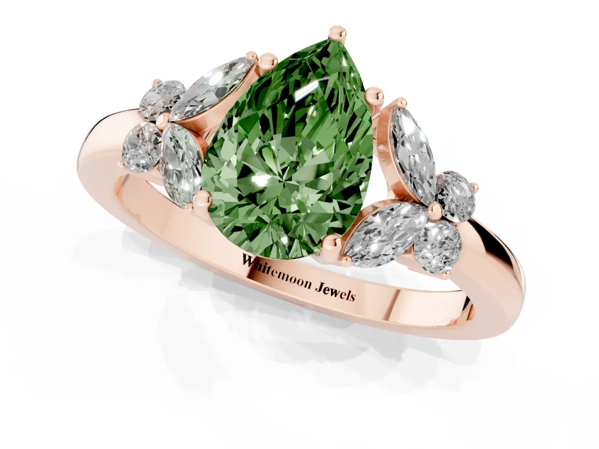 Fancy Green Pear Cut Cut Solitaire Floral Diamond Ring with Four-Prong Setting Rose gold