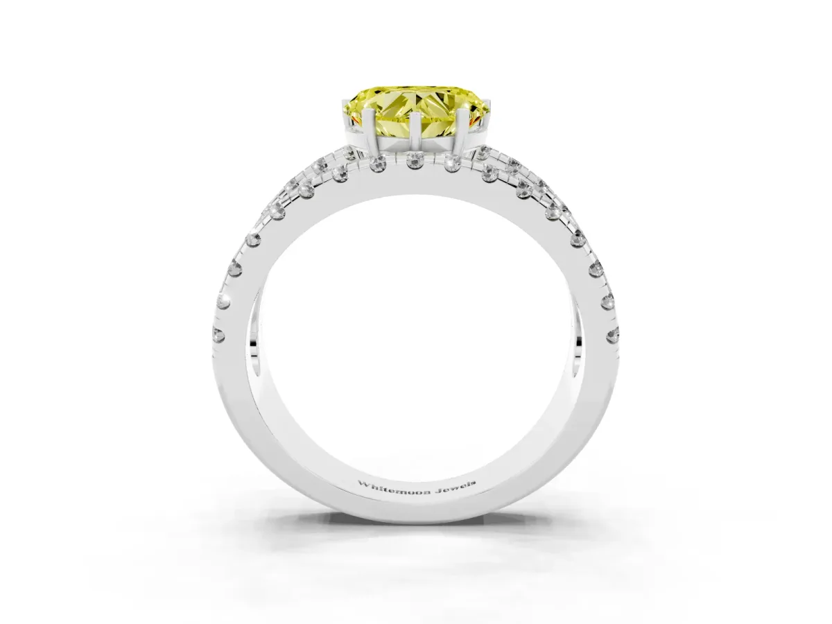 Fancy Yellow Heart Cut Solitaire Split Shank Pave Diamond Ring Platinum