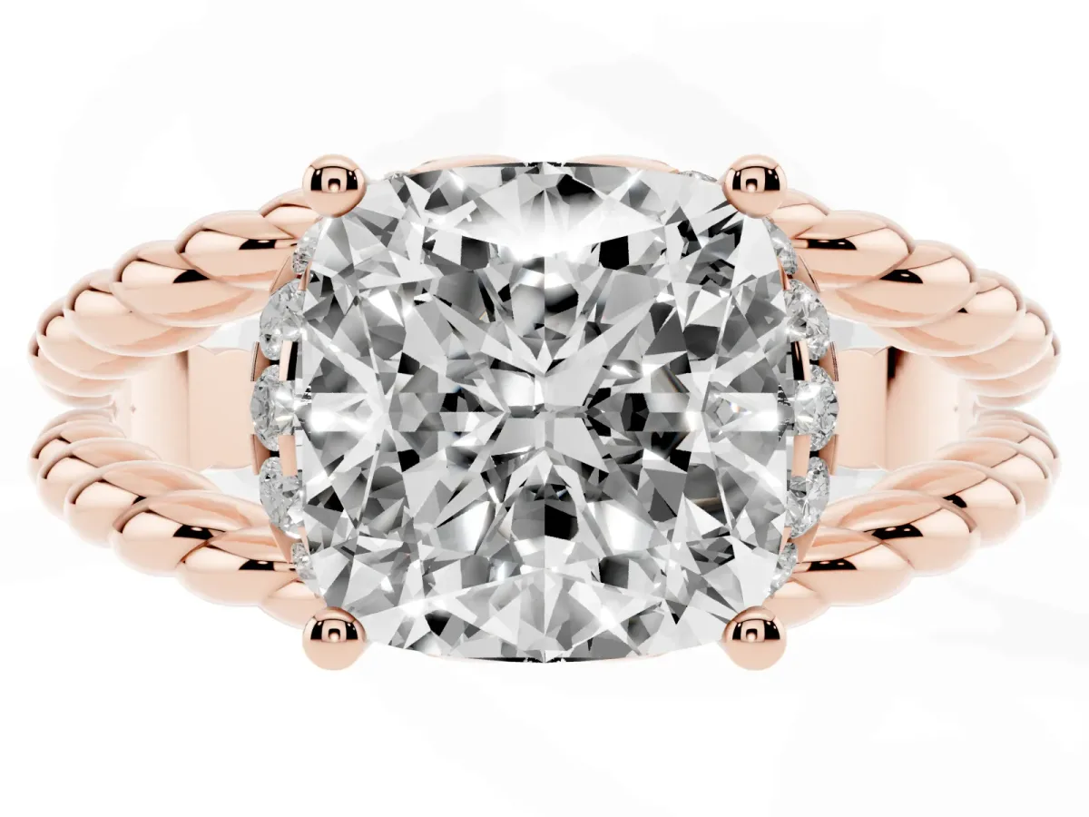 Cushion Cut Halo Twisted Band Four-Prong Ring Rose gold