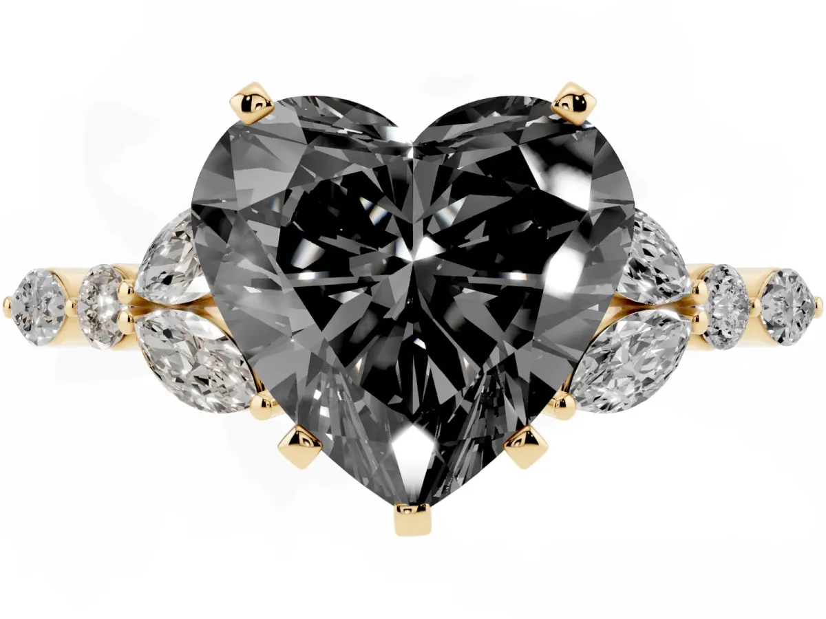 Fancy Black Heart Cut Diamond Solitaire Ring with Side Stones and Four-Prong Setting Yellow gold