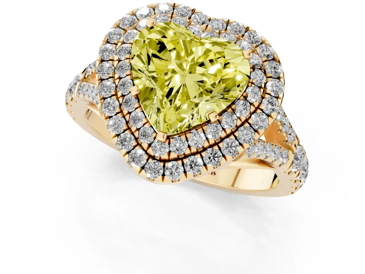 Fancy Yellow Double Halo Heart Cut Diamond Split Shank Engagement Ring with Four-Prong Setting Yellow gold