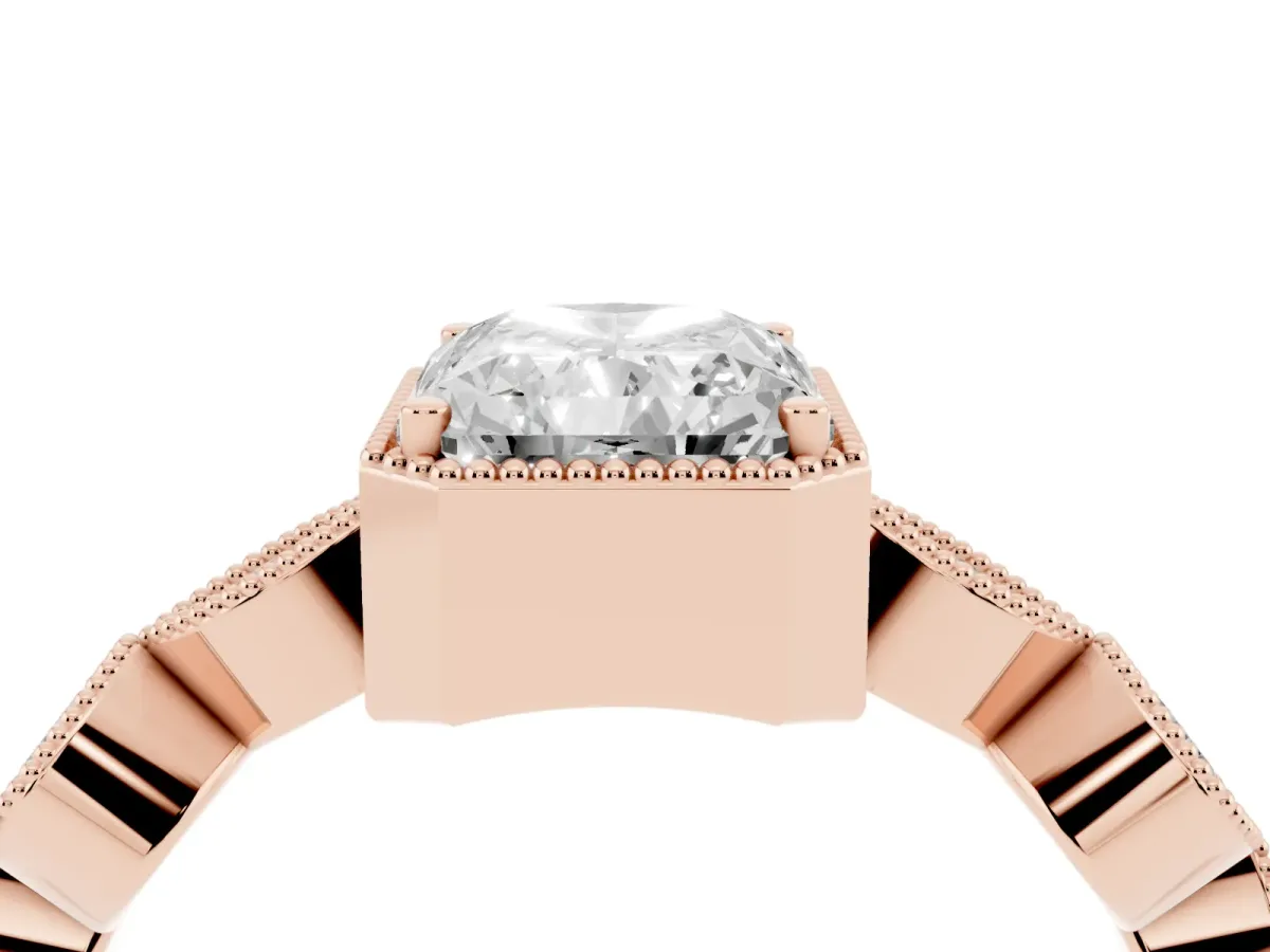 Radiant Cut Diamond Vintage Milgrain Ring with Round Stations Rose gold