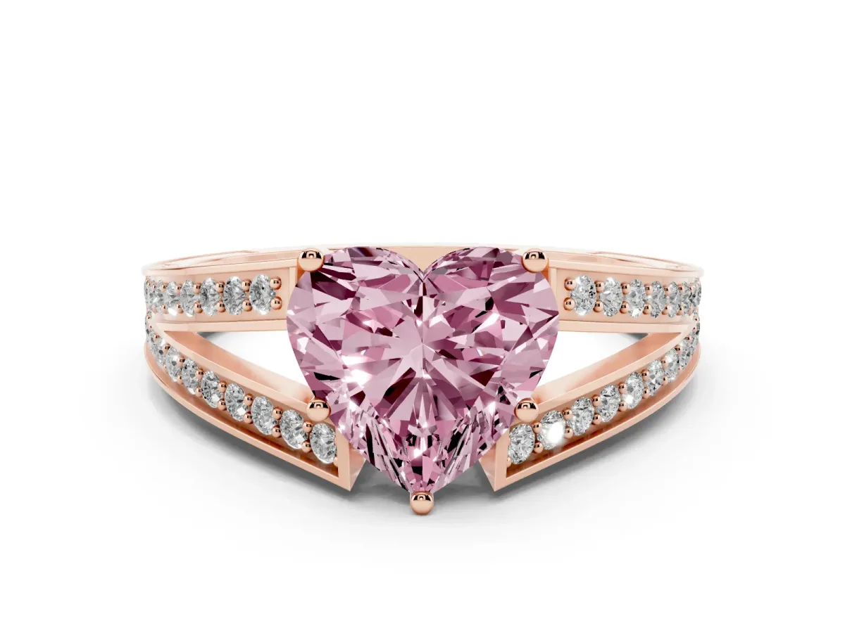 Fancy Pink Heart Cut Diamond Split Shank Ring with Pavé Band and Four-Prong Setting Rose gold