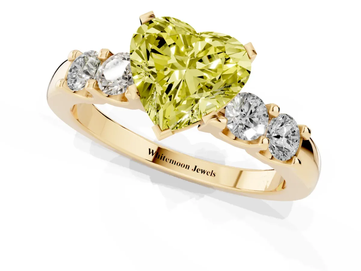 Fancy Yellow Heart Cut Brilliant Cut Diamond Five-Stone Prong Set Engagement Ring with Channel Band Yellow gold