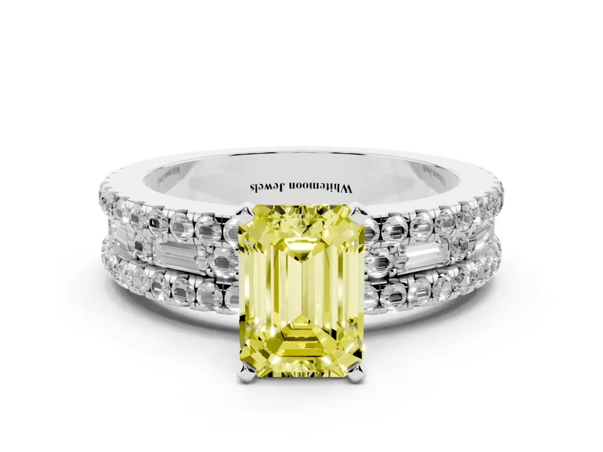 Fancy Yellow Emerald Cut Diamond Solitaire Ring with Pavé and Channel Set Band Silver