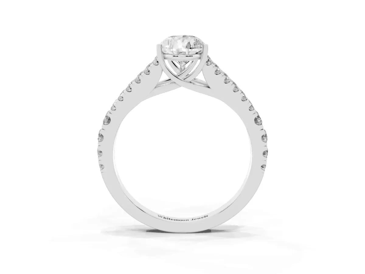 Pear Cut Diamond Split Shank Engagement Ring with Round Pavé and Prong Setting Silver