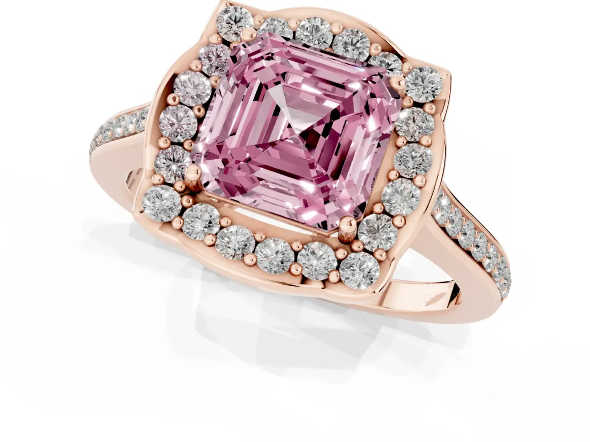 Fancy Pink Asscher Cut Halo Round Diamond Pave Band with Four-Prong Setting Rose gold