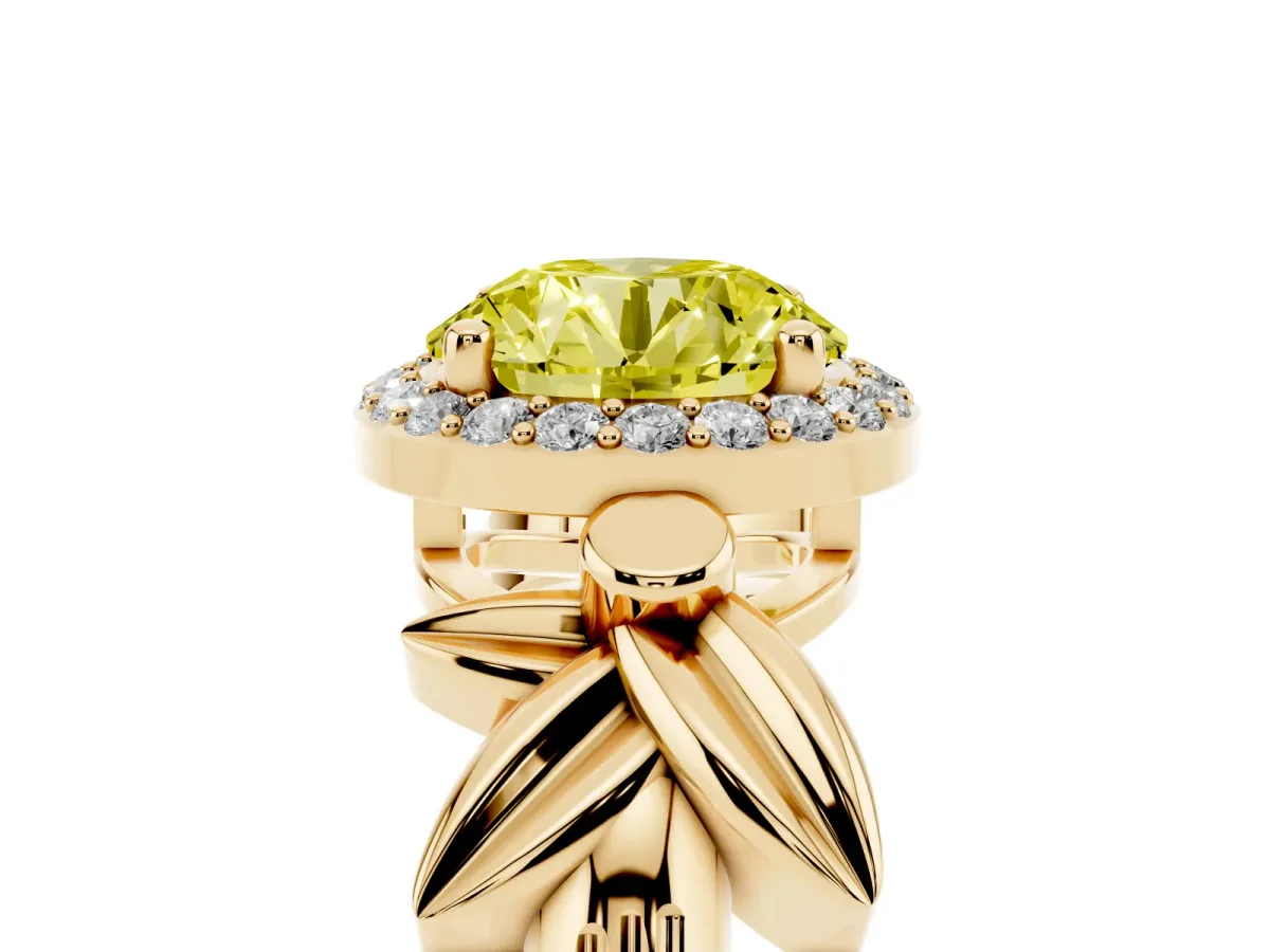 Fancy Yellow Round Cut Halo Diamond Floral Band with Four-Prong Setting Yellow gold