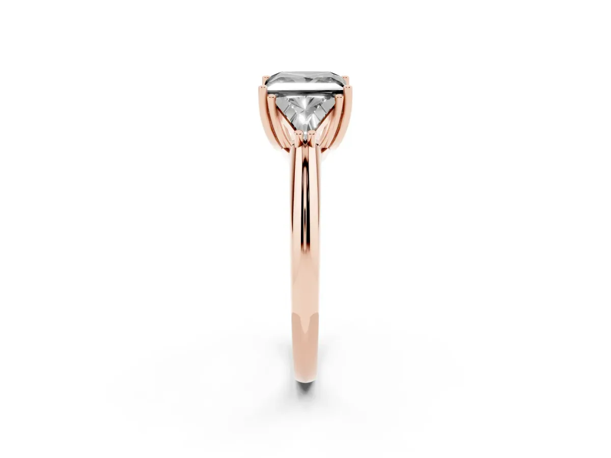 Fancy Black Three-Stone Princess Cut Diamond Engagement Ring with Trillion Side Stones and Prong Setting Rose gold
