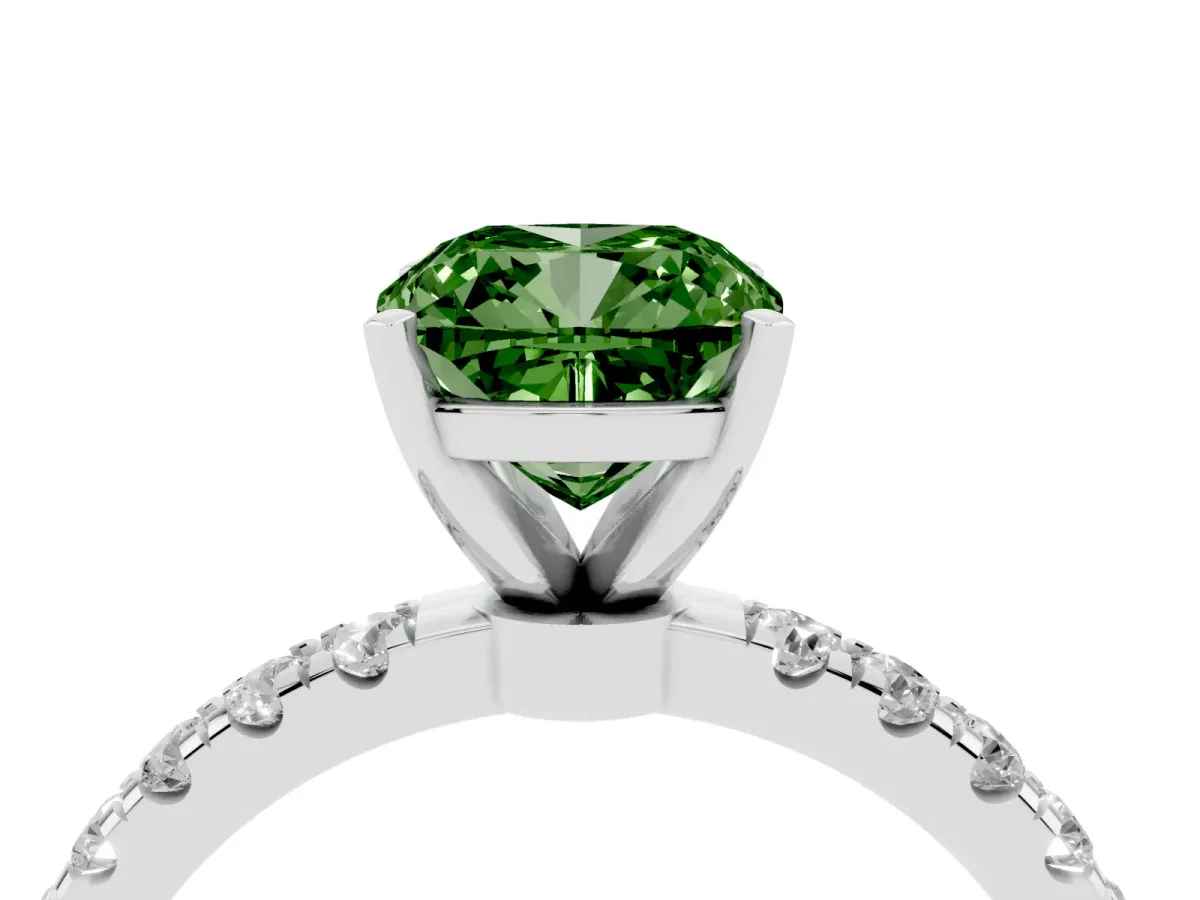 Fancy Green Cushion Cut Diamond Solitaire Ring with Pavé Accents and Four-Prong Setting White gold