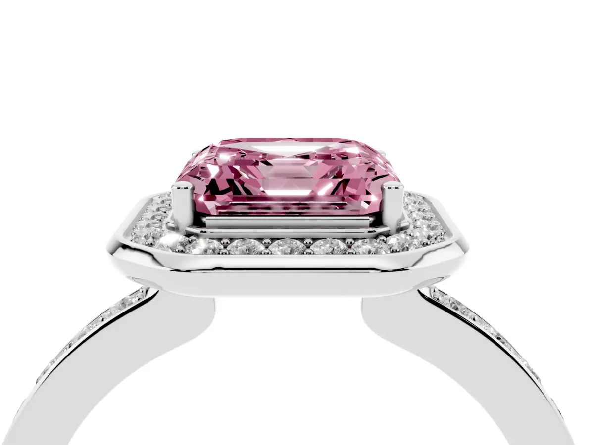 Fancy Pink Asscher Cut Diamond Halo Ring with Bezel Frame and Pavé Band Silver