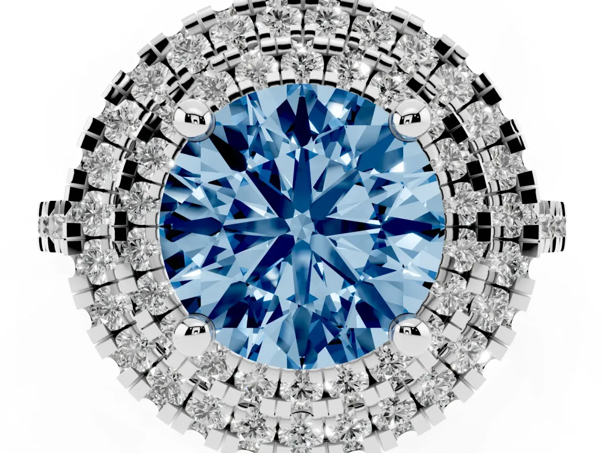 Fancy Blue Double Halo Round Cut Diamond Pavé Band with Four-Prong Setting Silver