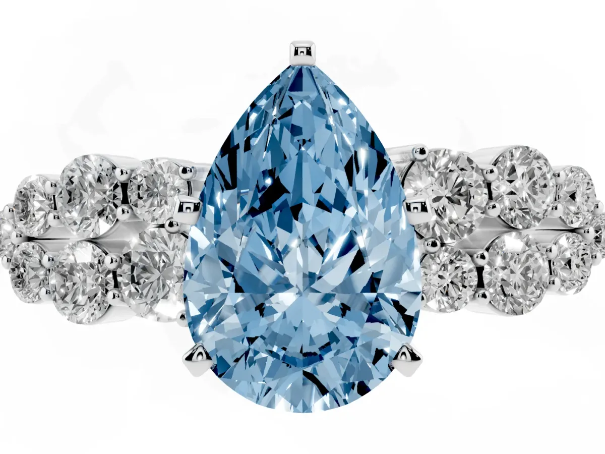 Fancy Blue Pear Cut Cluster Diamond Engagement Ring with Pavé Band and Four-Prong Setting Silver