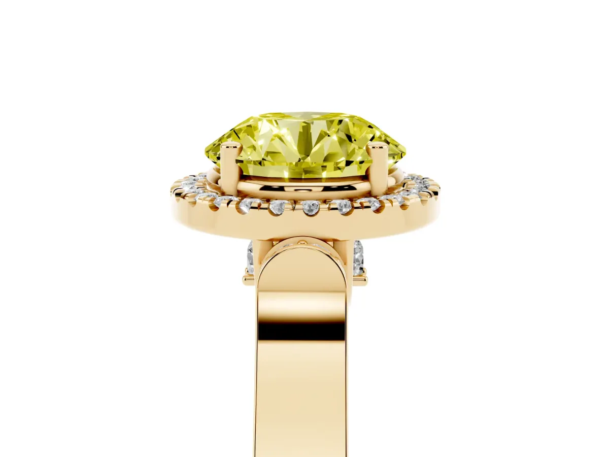 Fancy Yellow Round Cut Halo Round Diamond Twist Band with Four-Prong Setting Yellow gold