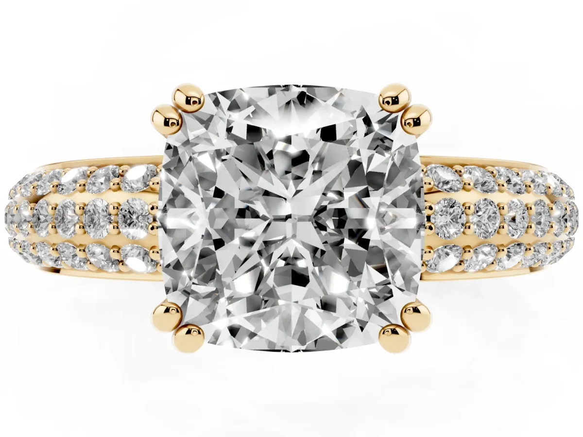Cushion Cut Diamond Solitaire Ring with Multi-Row Round Pavé Band and Prong Setting Yellow gold