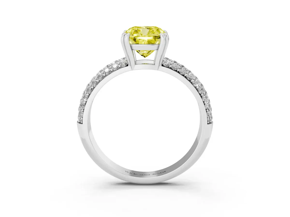 Fancy Yellow Cushion Cut Diamond Solitaire Ring with Multi-Row Round Pavé Band and Prong Setting Silver