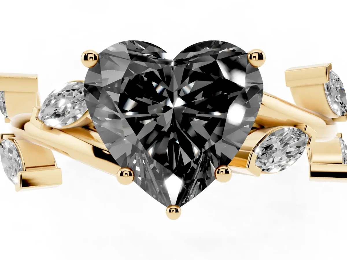 Fancy Black Heart Cut Solitaire Twisted Band Marquise Accent Prong Setting Ring Yellow gold