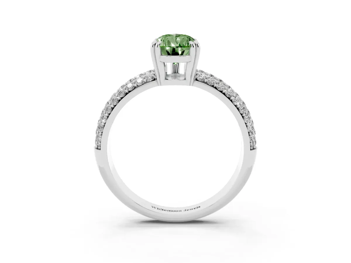 Fancy Green Pear Cut Diamond Solitaire Ring with Multi-Row Round Pavé Band and Prong Setting Silver