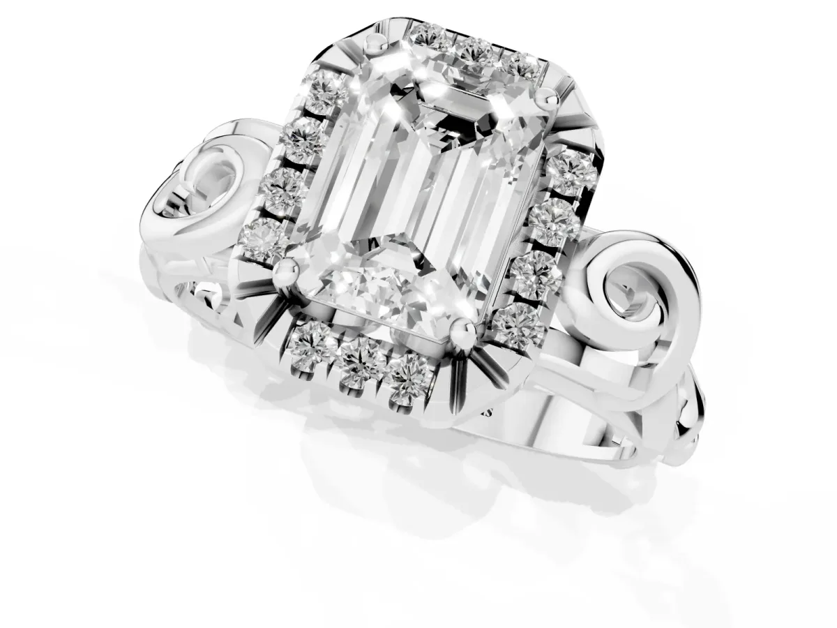 Emerald Cut Cut Halo Diamond Ring with Scrollwork Band and Four-Prong Setting Silver