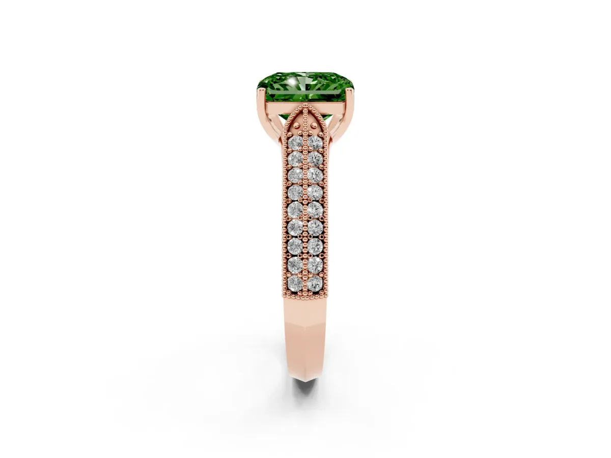Fancy Green Radiant Cut Cut Pave Split Shank Engagement Ring with Four-Prong Setting Rose gold