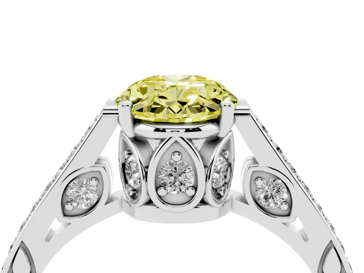 Fancy Yellow Oval Cut Cut Cathedral Pave Diamond Engagement Ring with Six-Prong Setting Silver