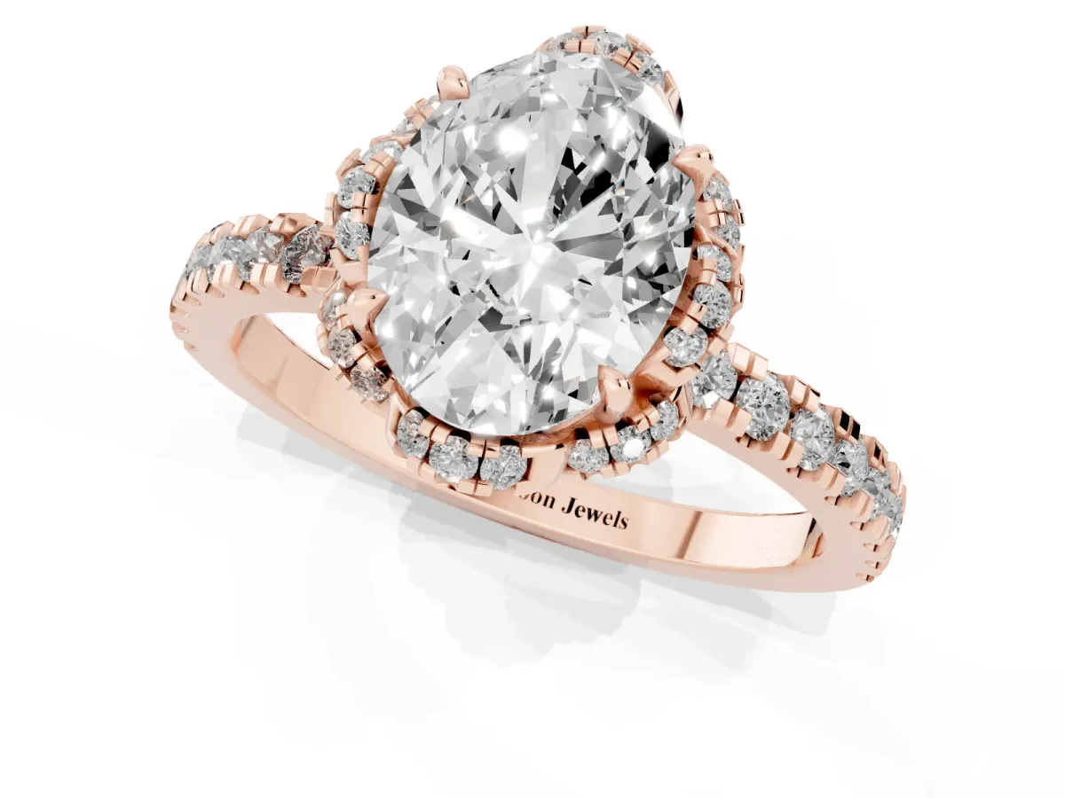 Oval Cut Halo Diamond Pave Band Ring with Four-Prong Setting Rose gold