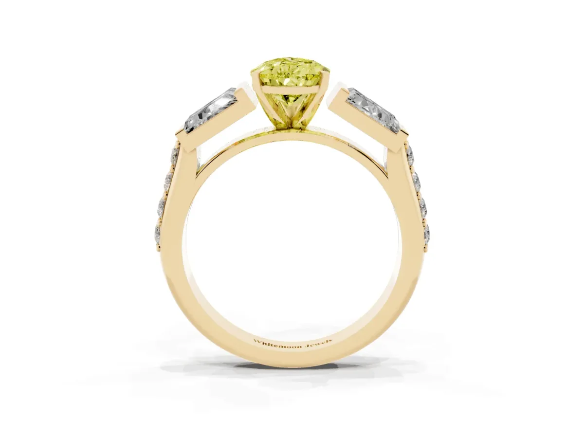 Fancy Yellow Pear Cut Diamond Engagement Ring with Baguette Side Stones and Channel Set Band Yellow gold