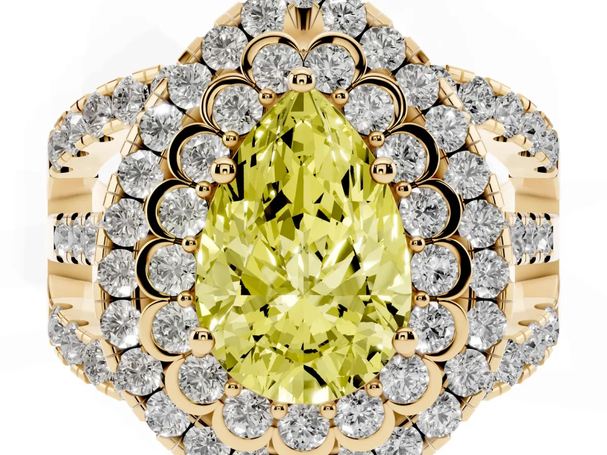 Fancy Yellow Pear Cut Diamond Double Halo Ring with Round Pavé Split Shank and Prong Setting Yellow gold