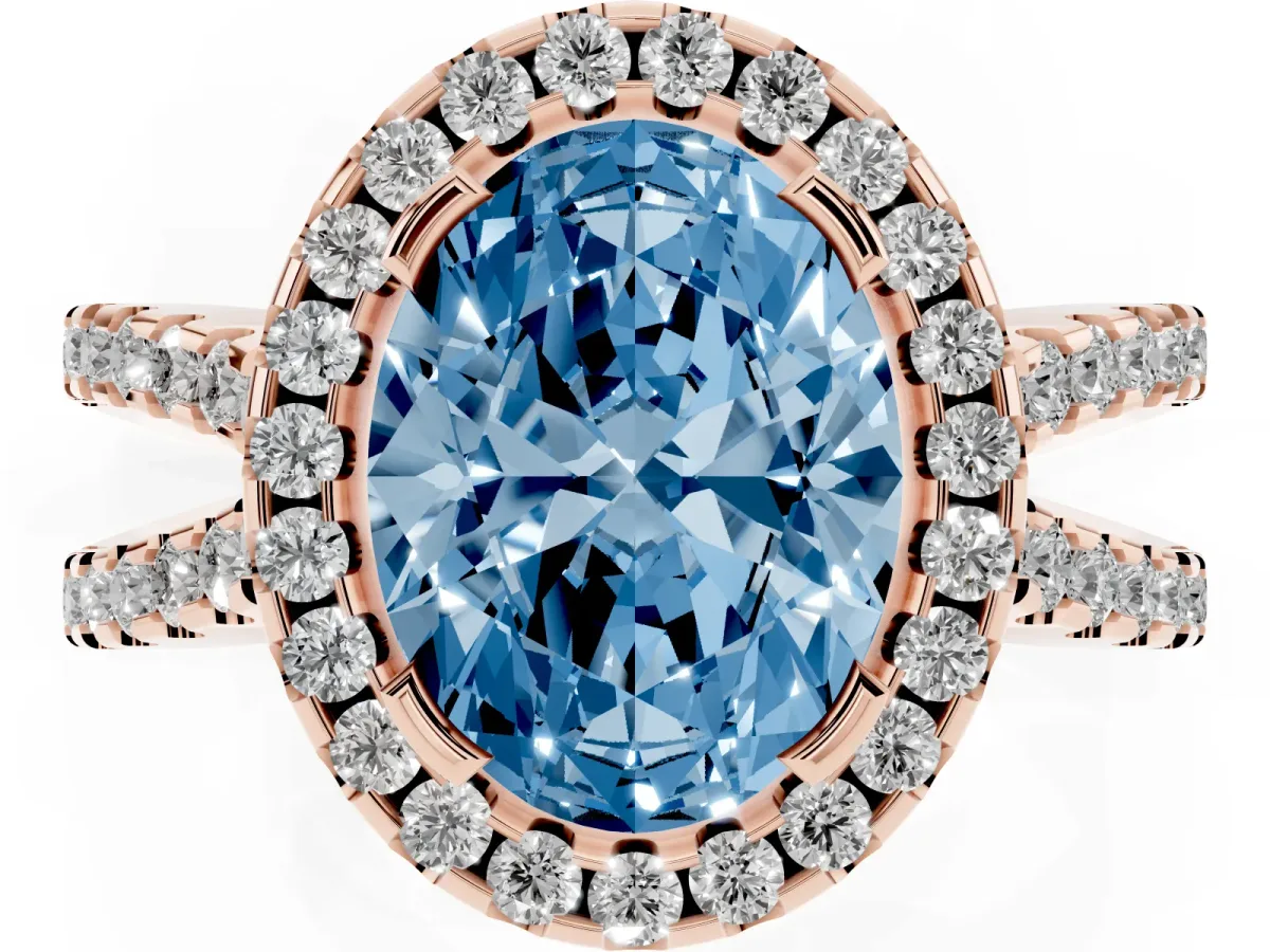 Fancy Blue Oval Cut Diamond Halo Ring with Split Shank Pavé Band and Prong Setting Rose gold