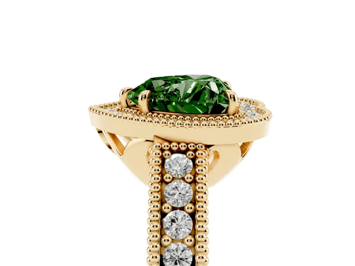 Fancy Green Heart Cut Cut Halo Diamond Ring with Pavé Band and Four-Prong Setting Yellow gold