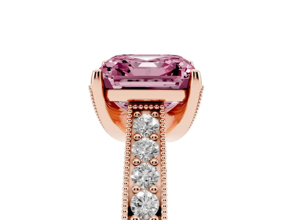 Fancy Pink Asscher Cut Cut Diamond Solitaire Ring with Milgrain Pave Band and Four Prong Setting Rose gold