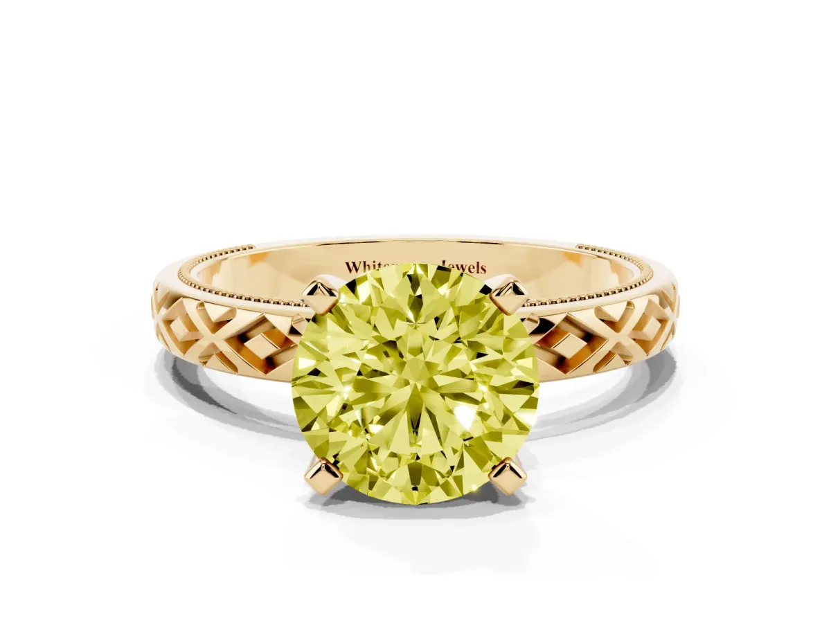 Fancy Yellow Round Cut Solitaire Diamond Ring with Milgrain and Black Enamel X Pattern Band Yellow gold