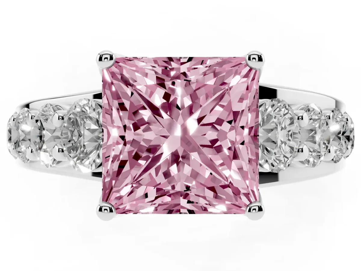 Fancy Pink Princess Cut Diamond Engagement Ring with Pavé Band and Four-Prong Setting Platinum