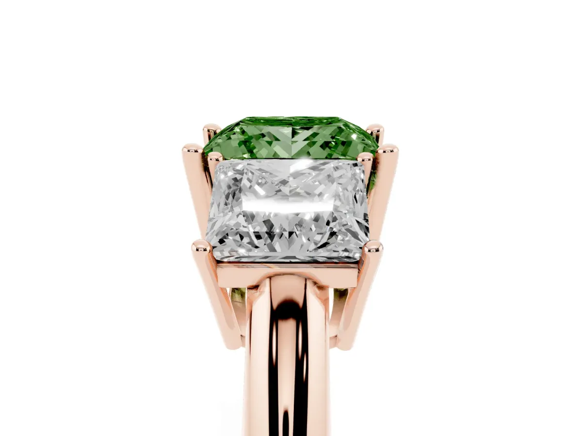Fancy Green Three-Stone Princess Cut Cut Diamond Engagement Ring with Prong Setting on a White Gold Band Rose gold